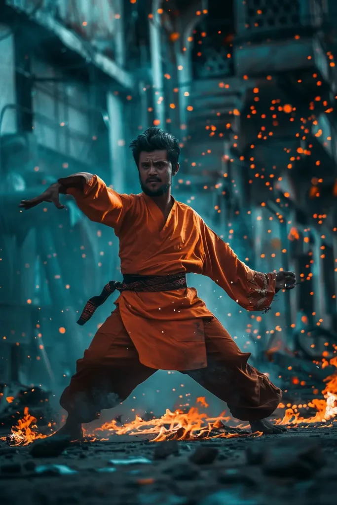 Home 8 iptv poster about a man in an orange robe standing on fire