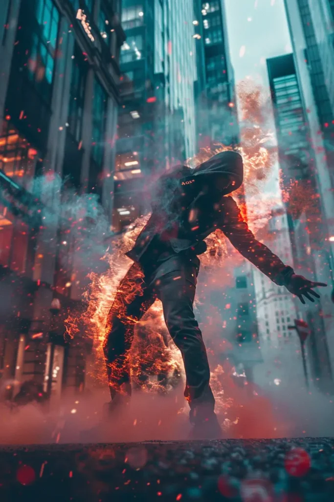 Home 6 IPTV Portugal Poster about a person in a black hoodie and a black jacket with fire in the background